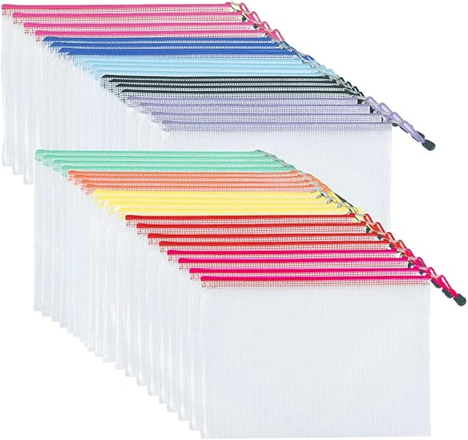 Mesh Zipper Pouch Bag, Plastic Zipper Bags,Zipper Bags for Organizing Storage,A4 Size Waterproof Document Pouch for Office Supplies, Arts & Crafts Organizing Storage (10 Colors 40 Pack)