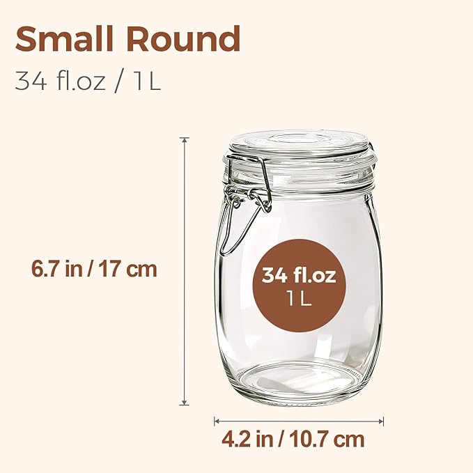 ComSaf 3-Pack 34oz Round Glass Apothecary Jars with Lids, Farmhouse Kitchen Decor for Countertop Display, Airtight Canisters for Cookies, Candy & Coffee, Classic Food Storage Containers