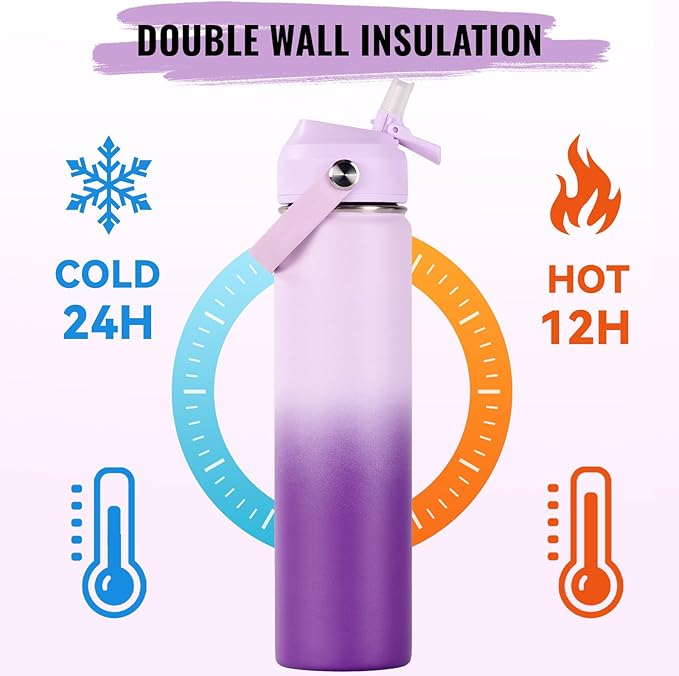24oz Insulated Stainless Steel Water Bottle, Wide Mouth Double Wall Vacuum, Silicone Straw, Sweat & Leak Proof, BPA Free Insulated Water Flask for Travel, Purple Gradient