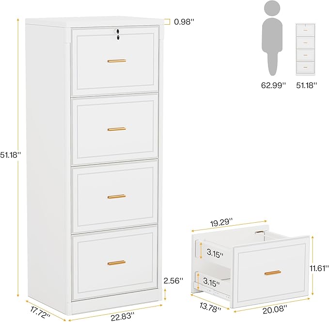Tribesigns 4-Drawer File Cabinet with Lock, Locked File Cabinet with Key, Tall Wooden Filing Cabinets for Home Office, Vertical Office Storage for Legal Size/Letter/A4/Files, White (2 Pcs)