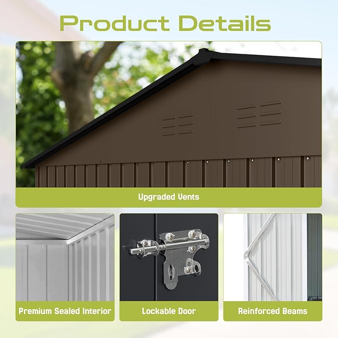 8' x 6' XL Outdoor Storage Shed, Sturdy Metal Building w/Floor and Operable Window for Garden, Backyard, Poolside and Lawn, Brown