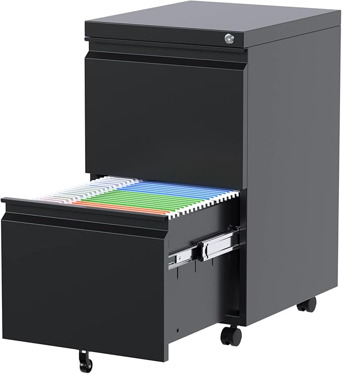 METAN Fully Assembled 2 Drawer File Cabinet with Lock, Mobile Under Desk Filing Cabinet for Office Legal/Letter Size, Pre Assembled Except Wheels,Black