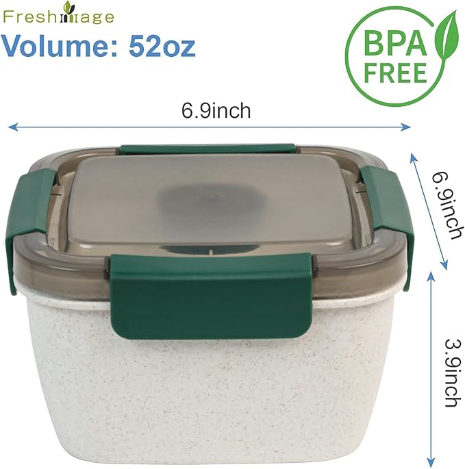 Freshmage Salad Lunch Container To Go, 2 Packs 52-oz Salad Bowls with 3 Compartments, Salad Dressings Container for Salad Toppings, Snacks, Men, Women (Wheat straw white)