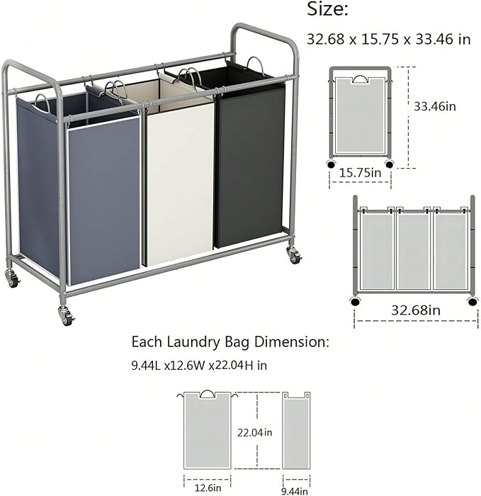 3-Bag Laundry Sorter Cart with Rolling Lockable Wheels, Removable Bags, 32.68 x 15.75 x 33.46 in, Black, Beige and Grey (Black)