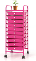 Storage Cart, Rolling Utility Cart with 10 Drawers, Portable Handles & Lockable Wheels, Mobile Paper Toys Storage Organizer Large Capacity for Home Office School Teacher (Hot Pink)
