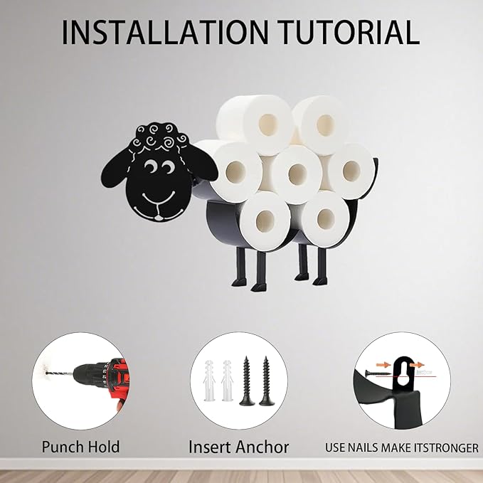 Sheep Toilet Tissue Holder,Animal Paper Holders,Decorative Metal Papers Holder,Funny Toilet Animal Storage for Bathrooms,Bathroom Paper Organizer for Extra 8 Rolls Stand & Wall Mounted Art Decor
