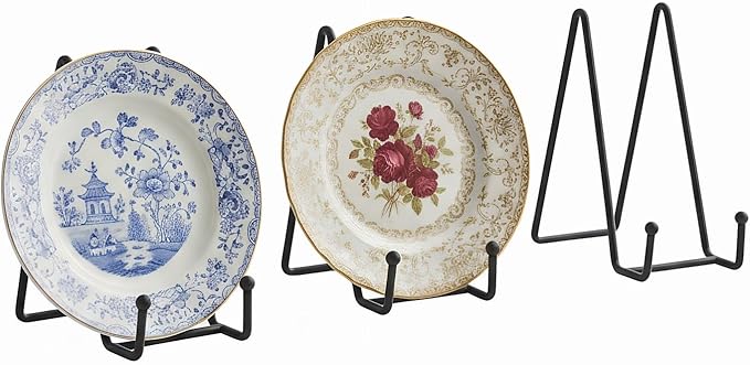 Plate Stands Holder - 3 Pack, Picture Frame Display for Bookcase, Photo on Table Top (Black, 4.5")
