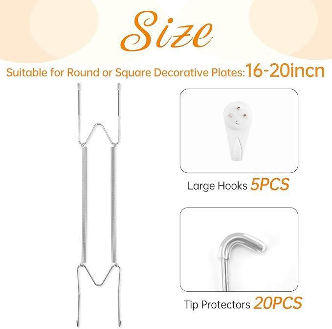 5 Pack Plate Hangers for The Wall, Suitable for 16-20 inch Art Plate, Stainless Steel Invisible Heavy Duty Wire Plate Holder with Wall Hooks, Plate Hangers for Displaying Plates, Platter, Dish, Silver