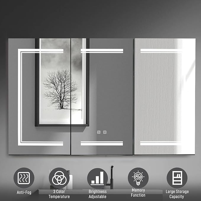 Karl home 3-Doors 48"x28" LED Medicine Cabinet for Bathroom, 3-Color Wall Mounted Dimmable Bathroom Cabinet with 3-Tiers Storage Shelves, Anti-Fog, USB Charge, White