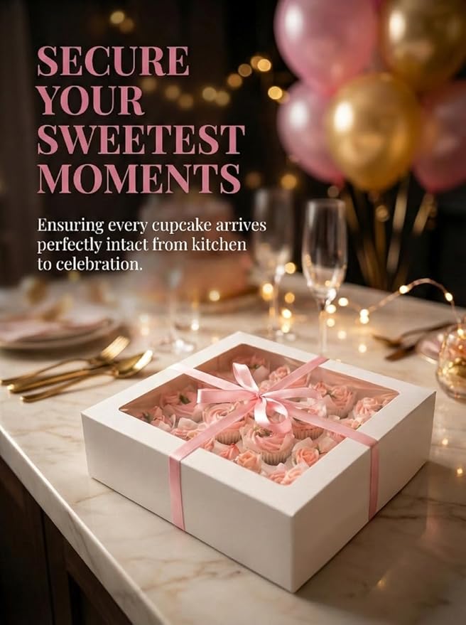 Bakepacker Auto-pop Up Cupcake Boxes with Window White 20PCS 12 Count Cupcake Box 13"x10"x3.5" Cupcakes Carrier, 12 Cupcake Containers with rolls of pink ribbons