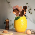 WAIT FLY Embossed Lemon Porcelain Kitchen Utensil Holder Flatware Storage Organizer Utensil Crock for Countertop Kitchen Counter Decor