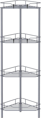 4 Tier Floor Standing Corner Shower Caddy Organizer Shelf with Hooks, Bathroom Shelves Stand Rack, Dark Gray