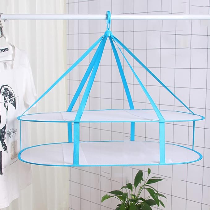 2-3 Tier Folded Mesh Clothes Drying Rack, Stackable Sweater Drying Rack, Portable Hanging Laundry Racks with Fixing Band for T-Shirt, Swimsuit, Underwear(Color:2 Tier)