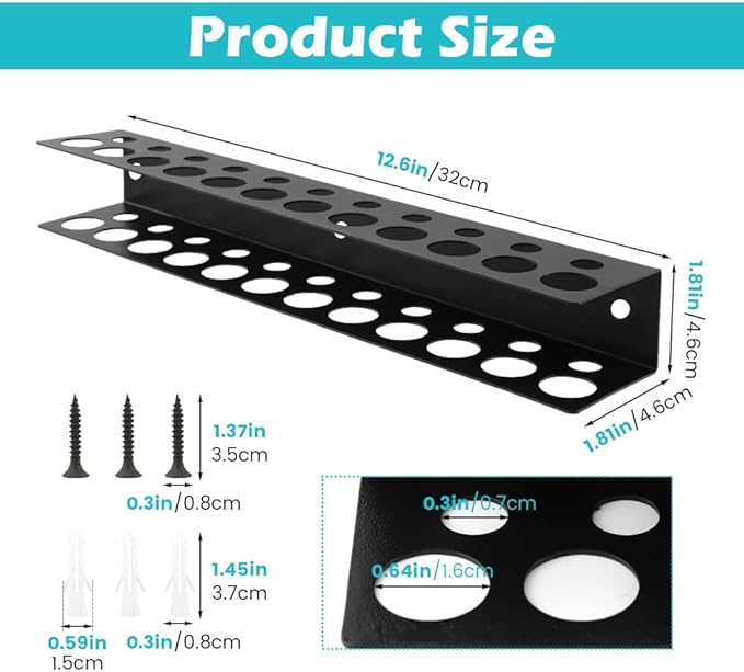 12.6" Screwdriver Holder Wall Mount with 23 Holes, Hand Tools Organizer, Heavy Duty Metal Utility Storage Rack for Pliers Small Tools, Garages Homes Workshops Shed Use(COLOR:Black)