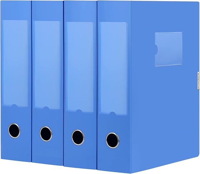 HUA JIE A4 Storage File Boxes Plastic Archives Cases with Lid, File Folder Organizer Document Filing Box for office,31×7.5×23.5 cm, Blue(Pack of 4)