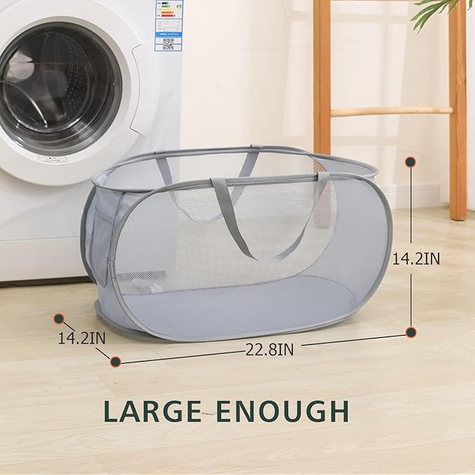 Pop Up Laundry Hamper,Collapsible Horizontal Baskets with Handles & Side Pocket,Foldable Sturdy mesh for Laundry Room,Bathroom,Kids Room,College Dorm or Travel (Double Grey)