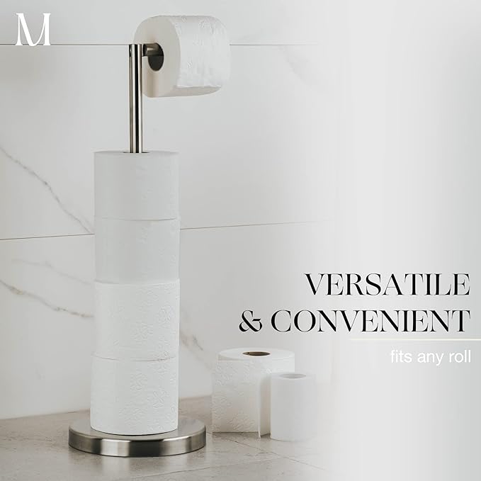 Marmolux Acc - Free Standing Toilet Paper Holder Stand Brushed Steel Finish 1pc - Storage for 4 Rolls of Toilet Tissue SUS 304 Stainless Steel Bathroom - Toilet Holder