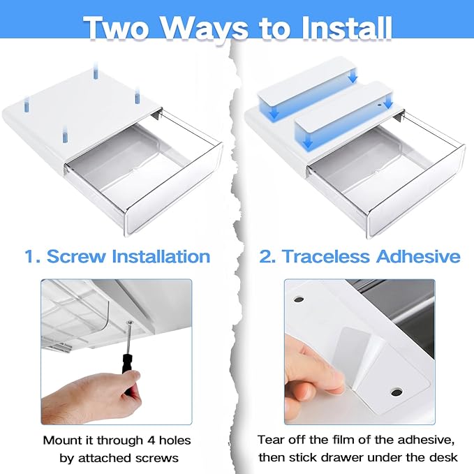 Self-adhesive Under Desk Drawer Organizer, 2 Pack Table Hidden Slide Out Large Storage Mounted Desktop Pencil Holder Tray Drawers for Office Home School Stationery Kitchen (Large, White)
