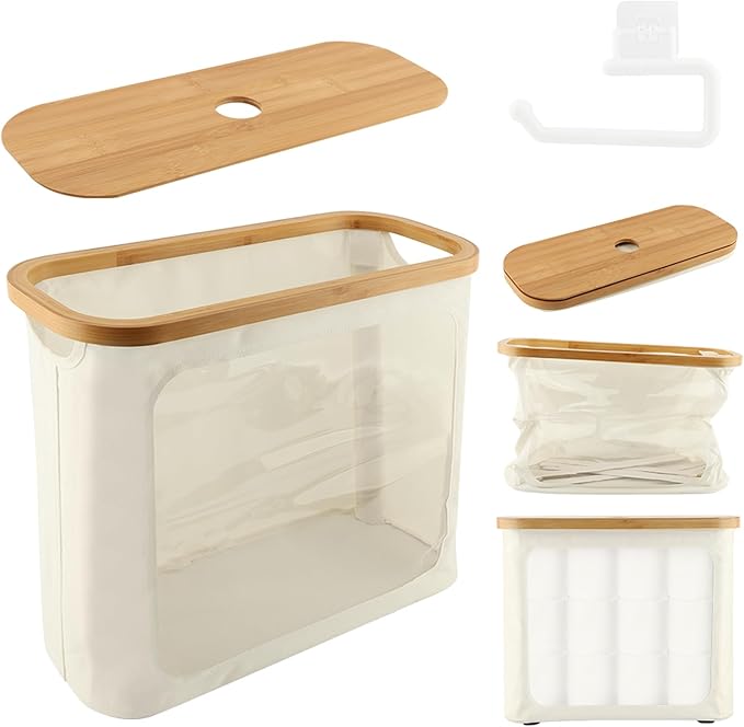 Toilet Paper Storage Holder with Lid, Freestanding Toilet Paper Basket Stand for 9 to 12 Rolls, Bathroom Storage Organizer with Bamboo Lid(Beige)