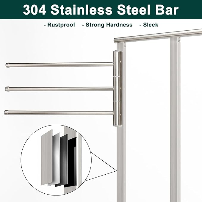 Standing Towel Rack, 304 Stainless Steel Towel Holder Stand with Weighted Marble Base, Floor Bath Towel Racks for Bathroom, Pool, Outdoor with 3 Swivel Towel Arms, Brushed Nickel