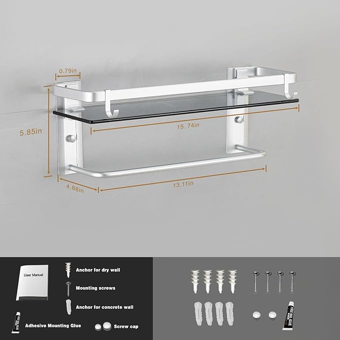VOLPONE Glass Bathroom Shelf 15.7 in Bathroom Wall Shelf with Towel Holder Tempered Glass Shelf Wall Mount with 2 Removable Hooks Silver（1 Tier）