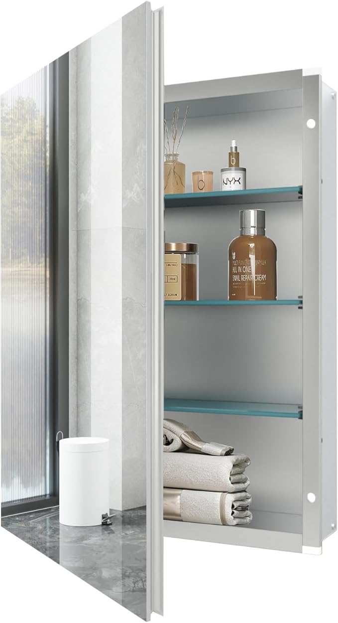 Medicine Cabinet Mirror with Storage, 16x26 inch Aluminum Bathroom Cabinet, Assembly Needed, Surface Mount or Recessed Wall Cabinet with Adjustable Glass Shelves for Bathroom Bedroom