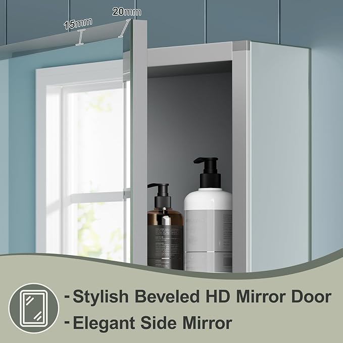 16x20 Inch Beveled Bathroom Medicine Cabinet with Mirror, Assembly Needed, Recessed or Wall Mount, 1 Adjustable Tempered Glass Shelf, Aluminum Medicine Cabinet, Side Mirror, Reversable Door