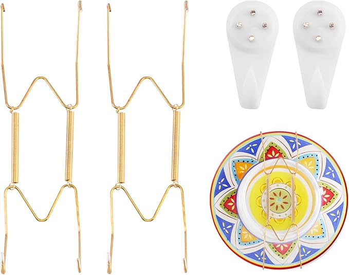 2 Pack Plate Hangers for Wall, Suitable for 8-10 inch Art Plate, Stainless Steel Invisible Heavy-Duty Wire Plate Holder with Wall Hooks, Display Hanger for Decorative Plates/Dishes/Platters(Gold)