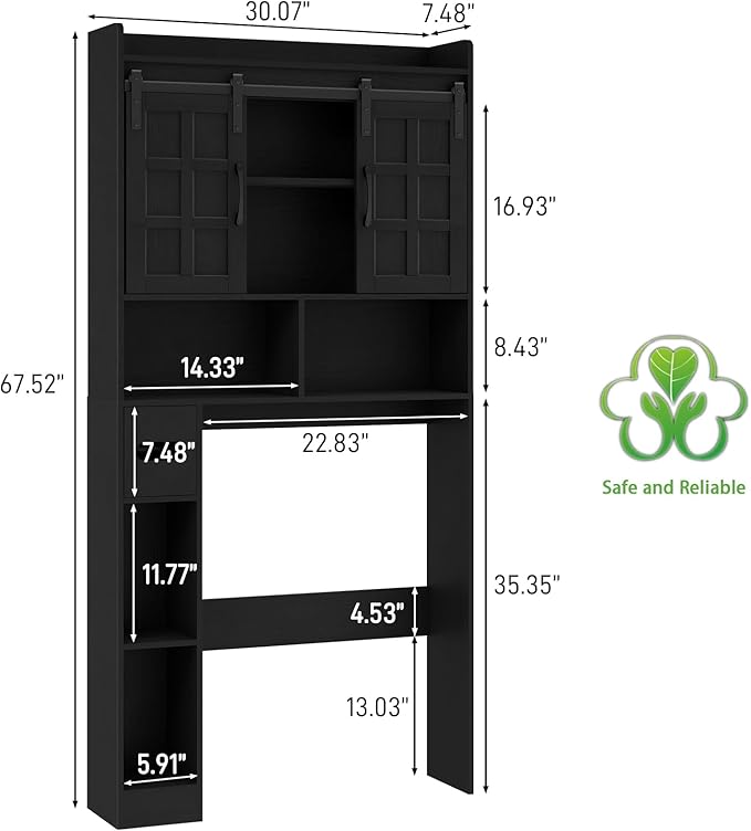 Vabches Over The Toilet Storage Cabinet, Farmhouse Storage Cabinet Over Toilet with Sliding Doors, Home Space-Saving Toilet Rack, for Restroom, Bathroom, Laundry.Black