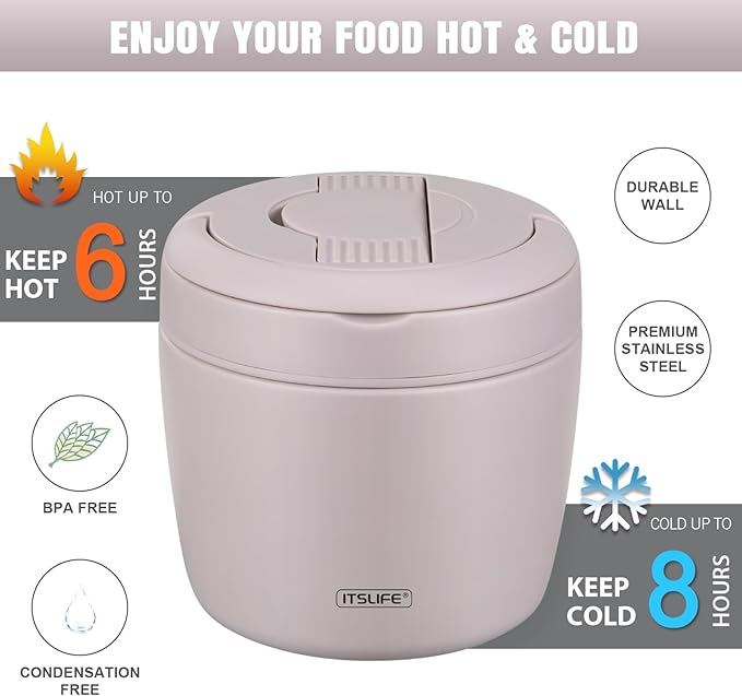 Itslife 32oz Insulated Soup Thermos, Vacuum Stainless Steel Food Jar for Hot & Cold Food, Leakproof Wide Mouth Lunch Container with Spoon, Light Purple