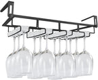 Adjustable Under Cabinet Stemware Holder - Metal Wine Glass Hanger Organizer for Kitchen, Bar, Shelf - Rustproof Hanging Storage Rack for 6-8 Glasses - Space Saving Decor (Black, 4 Rows)