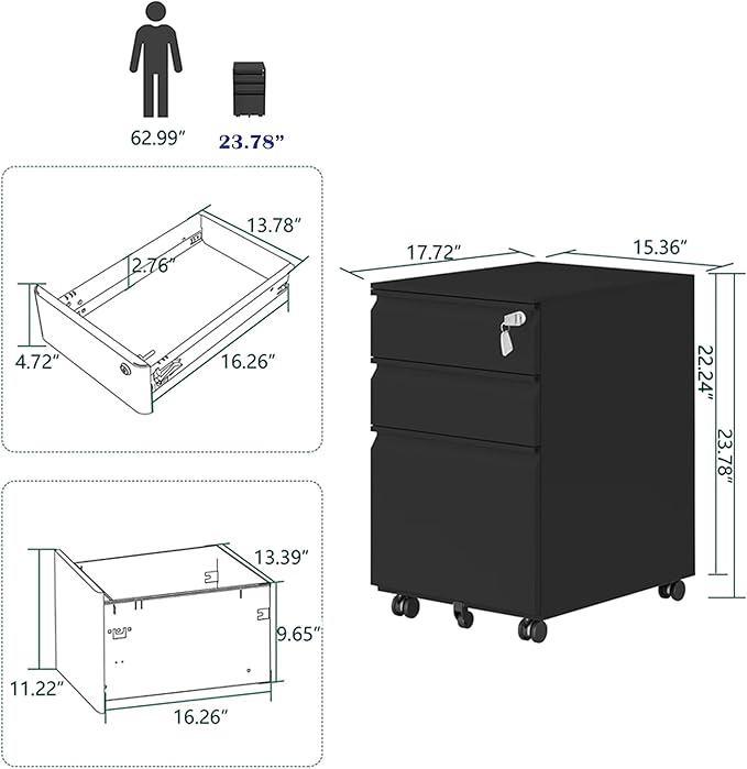 3-Drawer Mobile File Cabinets Rolling ，Vertical Metal Filing Cabinet for Legal & Letter File Anti-tilt Design with Lock Under Desk Office Drawers Fully Assembled (Black)