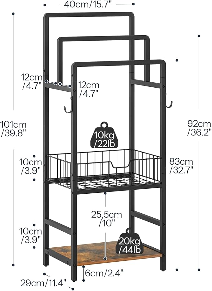 HOOBRO Freestanding Towel Rack for Small Bathroom, 3-Tier Towel Holder with Storage Shelf, Basket & Hooks, Space Saving Bathroom Organizer for Towels & Toiletries, Rustic Brown BF13LB01