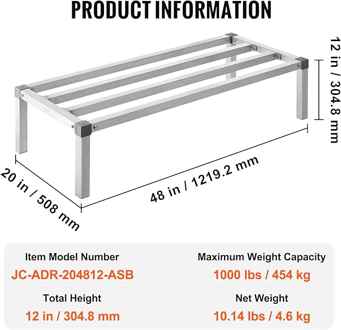 VEVOR Aluminum Dunnage Rack, 48” x 20” Commercial Food Floor Rack, 12” Off the Floor, 1000 lbs Capacity All-Welded Aluminum Storage Rack, for Storage in Restaurants, Kitchens, Garages and Vehicles