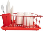 Sweet Home Collection 3 Piece Metal Dish Drainer Rack Set with Drying Board and Utensil Holder, 12" x 19" x 5", Red
