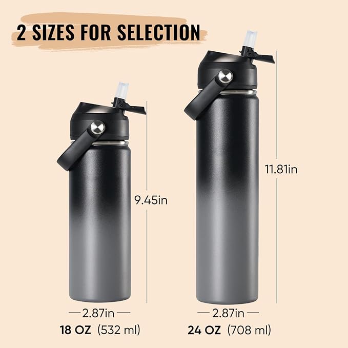 18oz Insulated Stainless Steel Water Bottle, Wide Mouth Double Wall Vacuum, Silicone Straw, Sweat & Leak Proof, BPA Free Insulated Water Flask for Travel, Keep Cold 24h Hot 12h, Grey