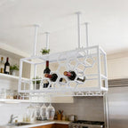 Hanging Wine Rack, 39in Heavy Duty Ceiling Mounted Wine Bottle & Glass Holder, 150lbs Load Capacity Storage Rack, for Bar, Kitchen, Restaurant, Cellar (White)