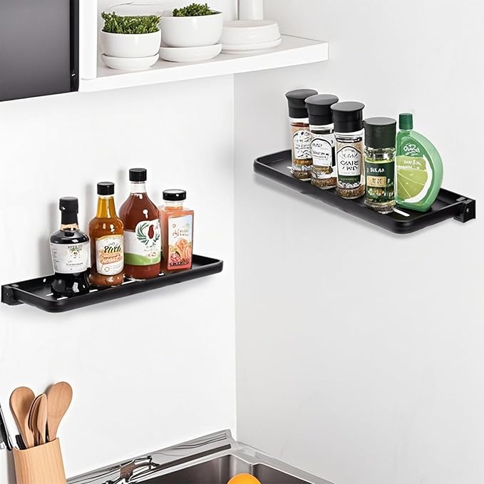 DEAYOU 2 Pack Folding Wall Shelf for Bathroom, 90° Fold Up Floating Shelf, Wall Mounted Drop Down Metal Shelves for RV, Campers, Laundry Room, Toilet Room, Kitchen, Waterproof, Space Saving, Black