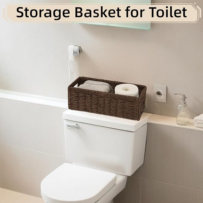 Paper Rope Wicker Storage Baskets with Handles, 2 Pack Foldable Storage Basket, Rectangle Wicker Basket, Small Wicke Baskets for Pantry Shelves, Toilet Paper Storage Basket for Bathroom, Brown