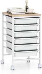 GOFLAME 6-Drawer Rolling Storage Cart, Craft Storage Cart with Wood Tabletop and Lockable Wheels, Art Cart Supply Storage Organizer with Metal Frame for Home Office Classroom, White