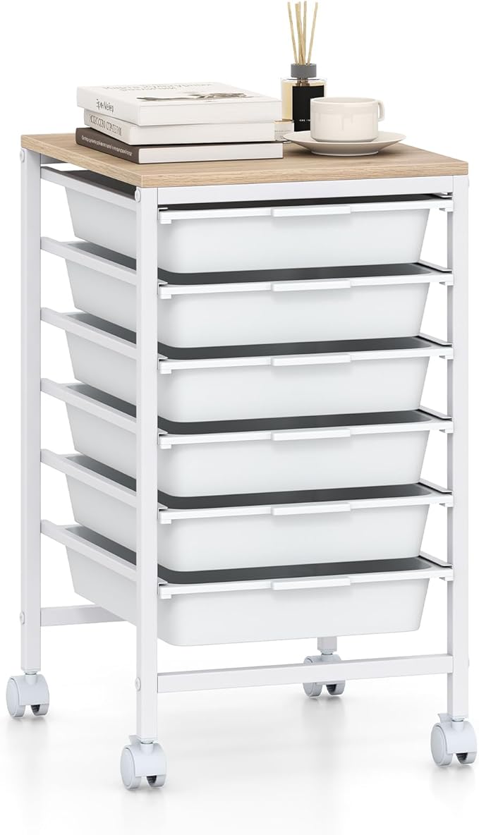 GOFLAME 6-Drawer Rolling Storage Cart, Craft Storage Cart with Wood Tabletop and Lockable Wheels, Art Cart Supply Storage Organizer with Metal Frame for Home Office Classroom, White