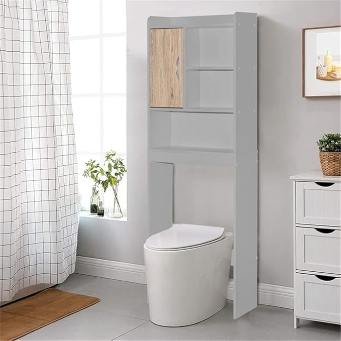Pemberly Row Over the Toilet Storage Cabinet, Light Gray and Oak Finish, Engineered Wood, 3 Open Shelves, 2 Enclosed Shelves, Modern Bathroom Organizer, Space-Saving Design, 9.5” D x 23.5” W x 67” H