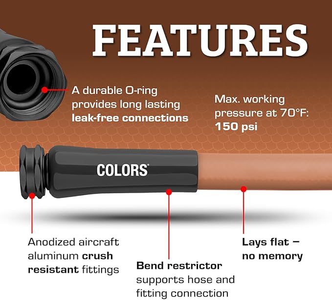 Flexzilla Colors Garden Hose 5/8 in. x 25 ft., Lightweight All-Weather Water Hose, Durable and Flexible, Leak-Free Connections, Red Clay