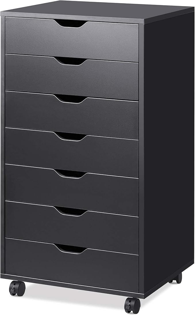 DEVAISE 7-Drawer Chest, Wood Drawer File Cabinet with Wheels, Black