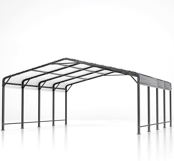 20x20 FT Metal Carport with Heavy Duty Carport Canopy, Car Port with Reinforced Base and Five Canopy Beams, 2 Car Garage Shelter for Car, Boats and Truck