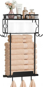 Towel Racks for Bathroom 23.8 Inch Wall Mounted Towel Rack with Shelf, Small Bathroom Towel Storage Holds 3–6 Large Rolled Towels, Metal Wall Towel Rack, Black