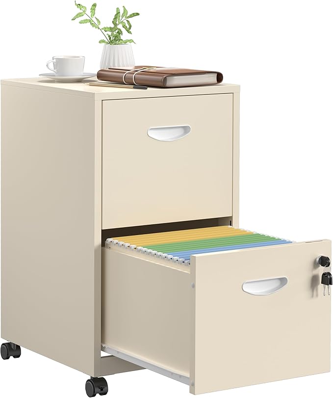 2 Drawer File Cabinet with Lock，Cream Rolling File Cabinet for Home Office, Metal Small Mobile Filing Cabinets on Wheels for Hanging Letter