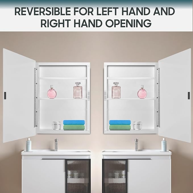 Plastic Medicine Cabinet with Mirror 17x27 inch, Recessed Medicine Cabinet or Surface Wall Mount Bathroom Cabinets with Adjustable Shelves, Beveled Edge Mirror Cabinet