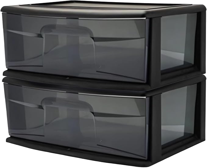 HOMZ 2-Pack 1-Drawer Storage Cart, Plastic Container with Smoke Tint, 15" Wide Body, Black Frame - Organizing Drawer Containers for Home, Bathroom, Bedroom, Office, and Classroom