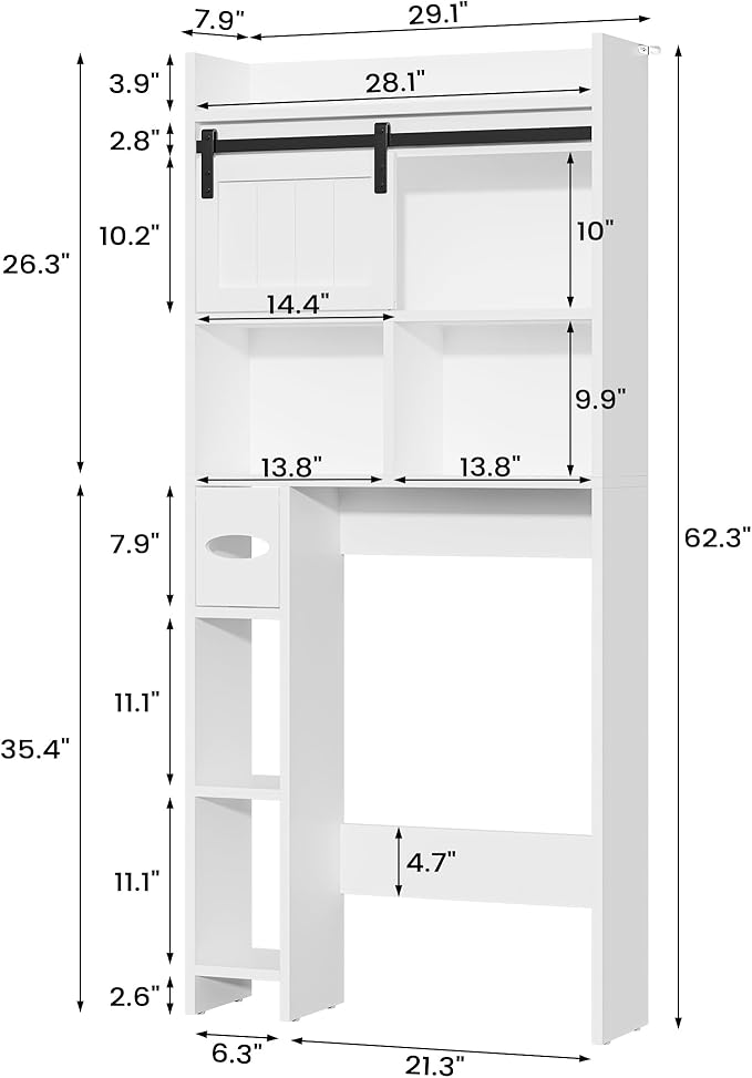 Semoic Over The Toilet Storage Cabinet, Over The Toilet Shelf with Sliding Door & Toilet Paper Holder Stand, Bathroom Above Toilet Storage, Home Space-Saving Toilet Rack for Bathroom, Restroom,White
